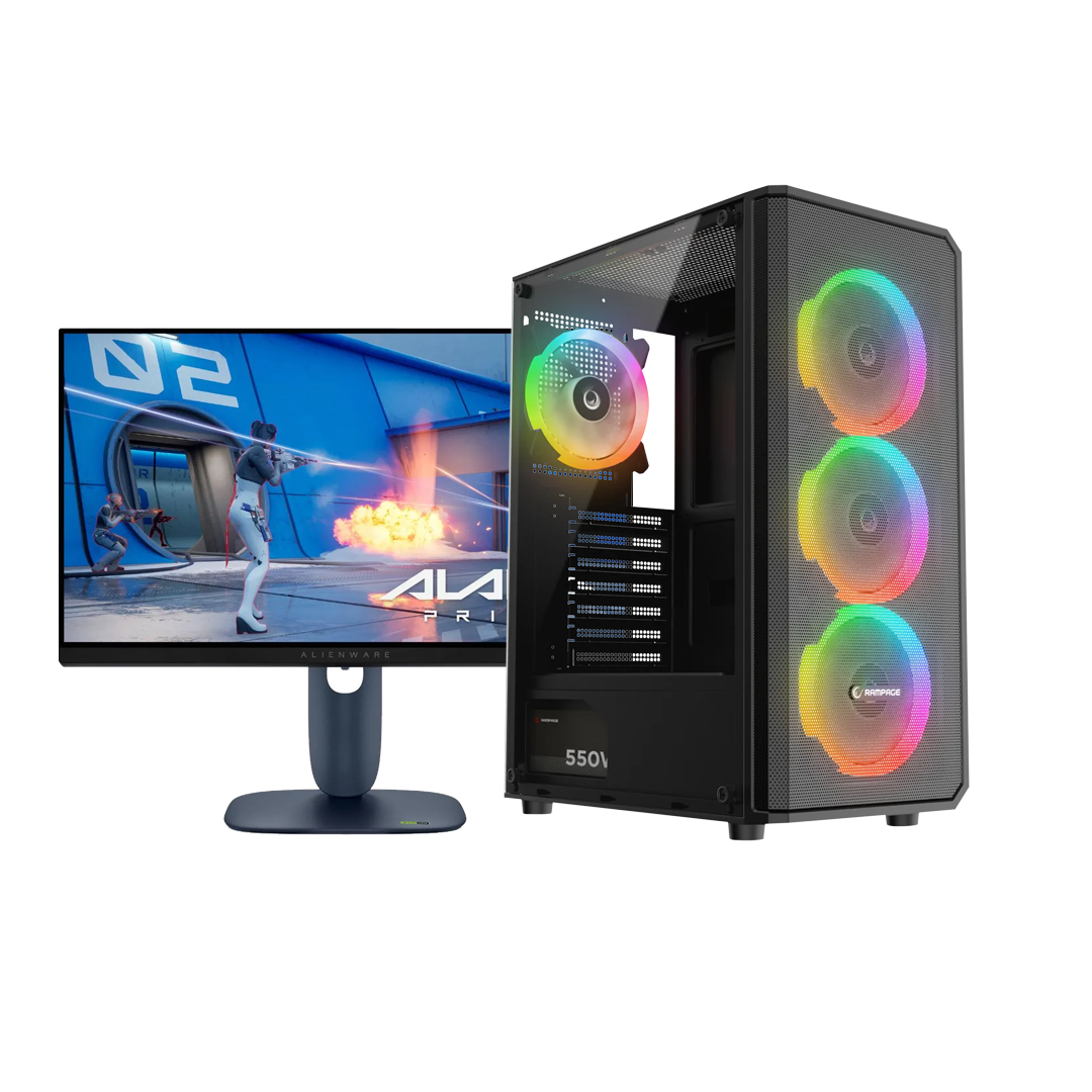 SET 6 Clutch Bundle 6 PC GAMING BLD AMD RYZEN 7 5700X GEFORCE RTX5060 8GB 16GB/512GB SSD M.2 RAMPAGE HELIOS MESH 650W & MONITOR GAMING 24" DELL ALIENWARE AW2525HM 320Hz BLACK - Image 1